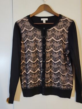 Charter Club Black Cardigan with Pink Lace Overlay